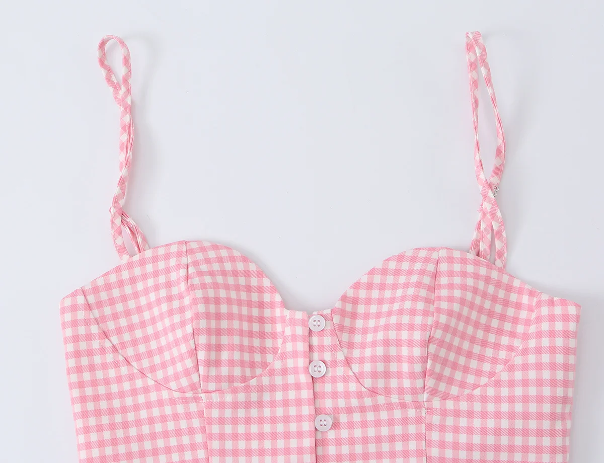 HH Rosa Gingham Bustier Cami Top Sommer Spaghetti-Träger-Top mit Knöpfen vorne und Rüschensaum, kurzes Korsett für Damen, lässiges Strand-Outfit – Detail 4