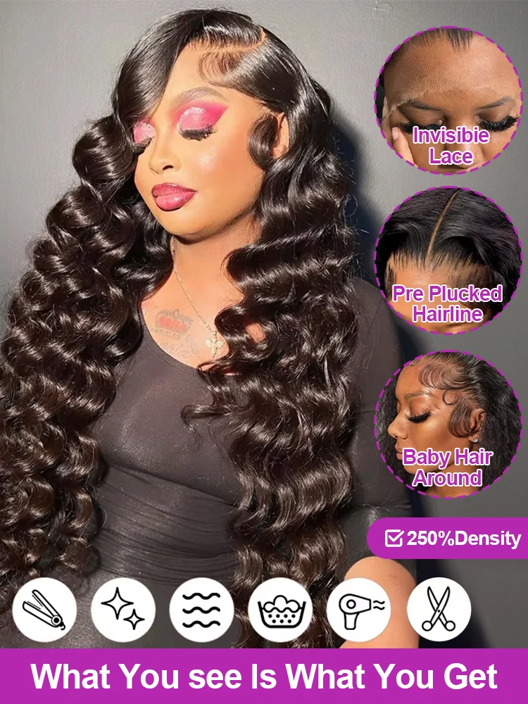 Loose Deep Wave 13x6 HD Lace Frontal Wig Human Hair Brazilian 40 Inch Curly Wigs Lace Front Wig Pre Plucked 300 Density