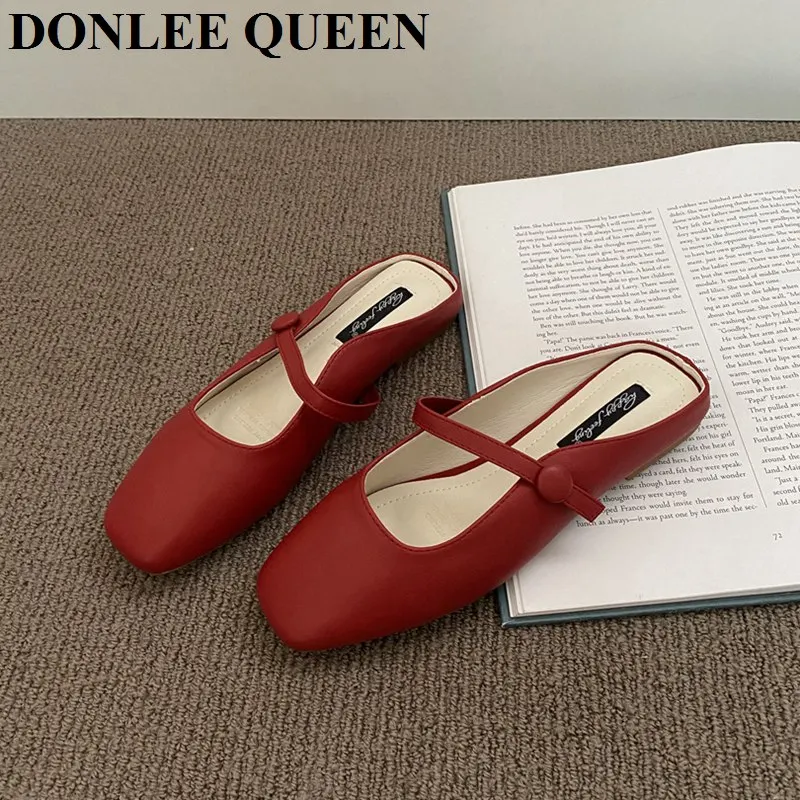 New Brand Slippers Women Square Toe Slip On Mules Shoes Fashion Mary Janes Flats Heel Ladies Slides Female Spring Loafers  Mujer