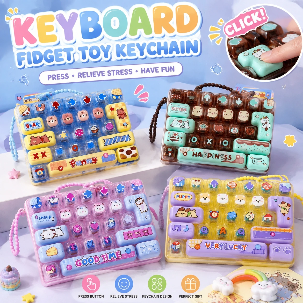 Large Keyboard Fidget Toy 26 Keys Keychain Clicker Toy Stress Relief Button Press Anxiety Relief Gadget Fun Desk Decor Gift