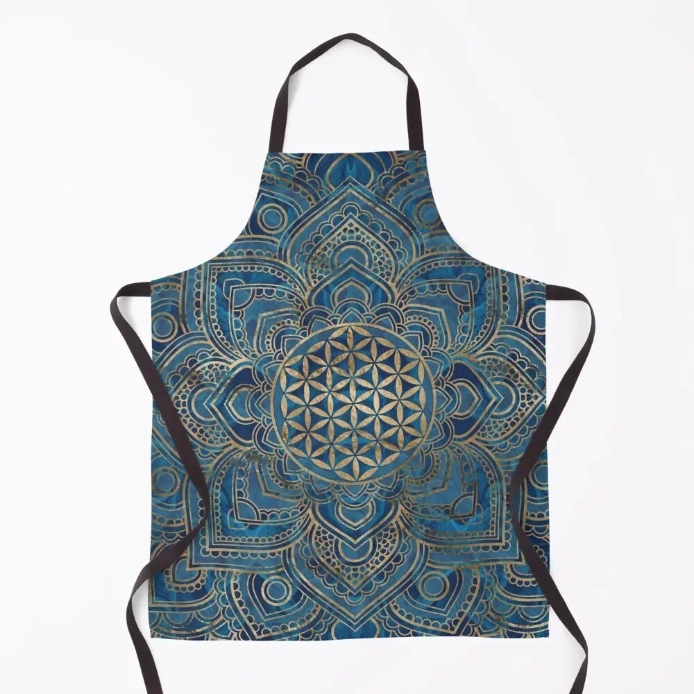 

Flower of Life in Lotus Mandala - Blue Marble and Gold Apron kitchen clothes Chef Uniform Women Kitchen Things For Home Apron