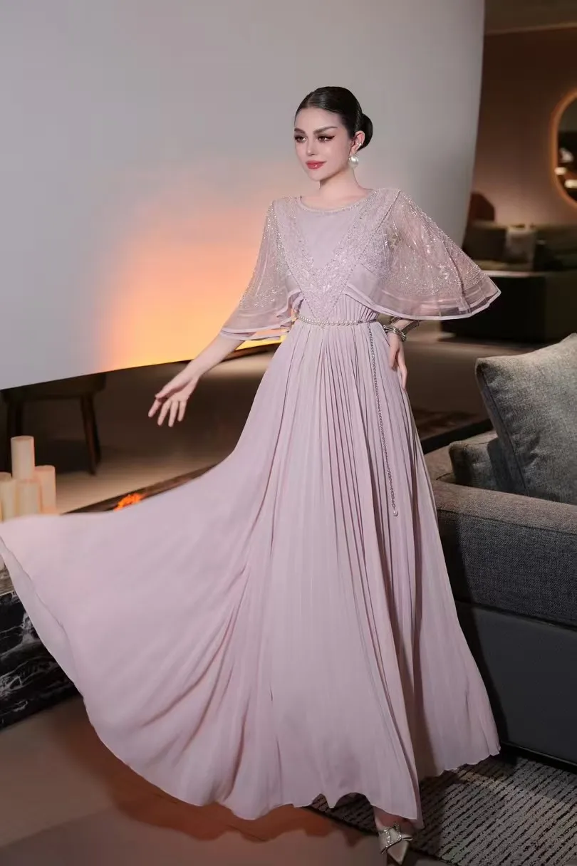 صيف جديد س الرقبة رائعة شبكة حبة التطريز + الخفافيش كم تصميم نوبل وأنيق مطوية كبيرة سوينغ المرأة فستان S-3XL #4