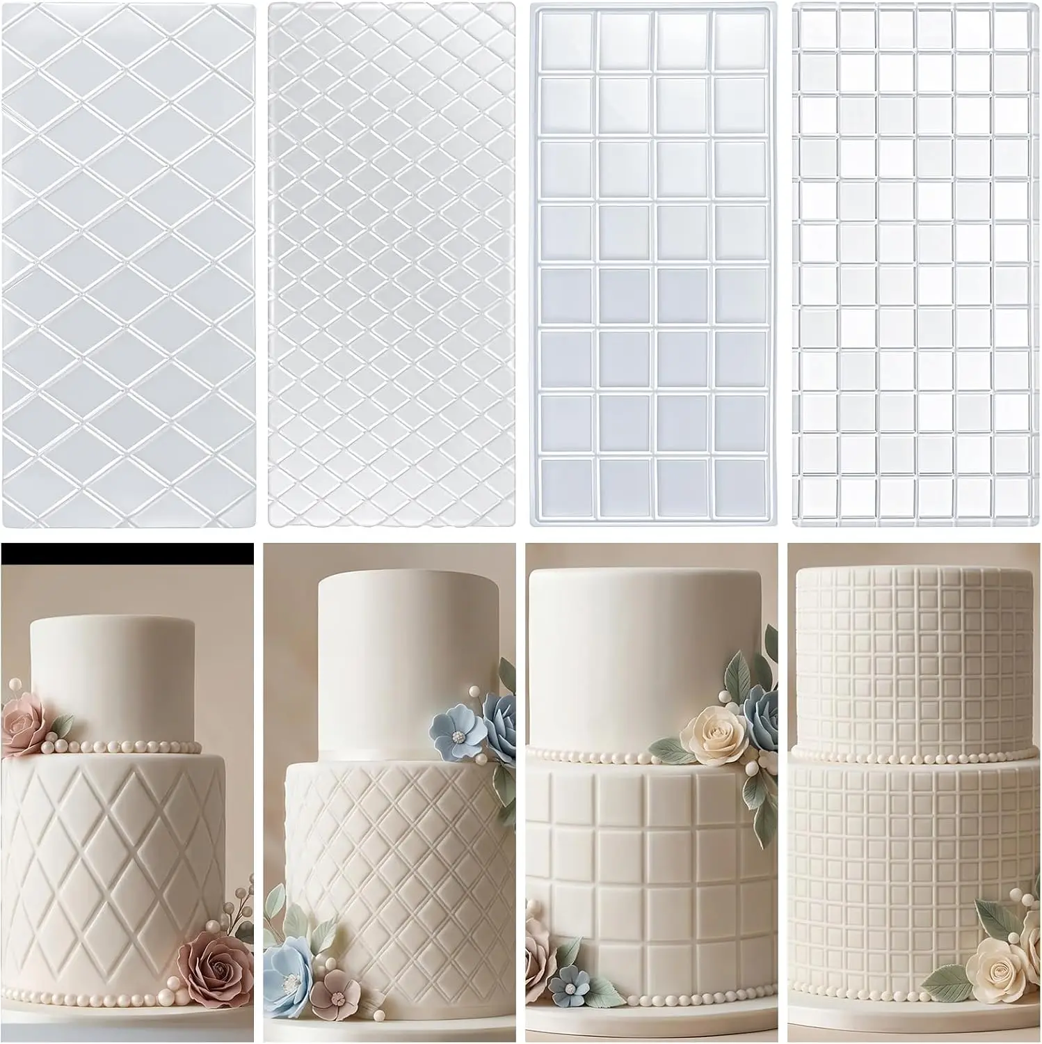 4 Pcs Cake Fondant Impression Mat Set, Quilted, Diamond & Brick Texture Embossing Molds for Cake Decorating, Wedding Cupcakes