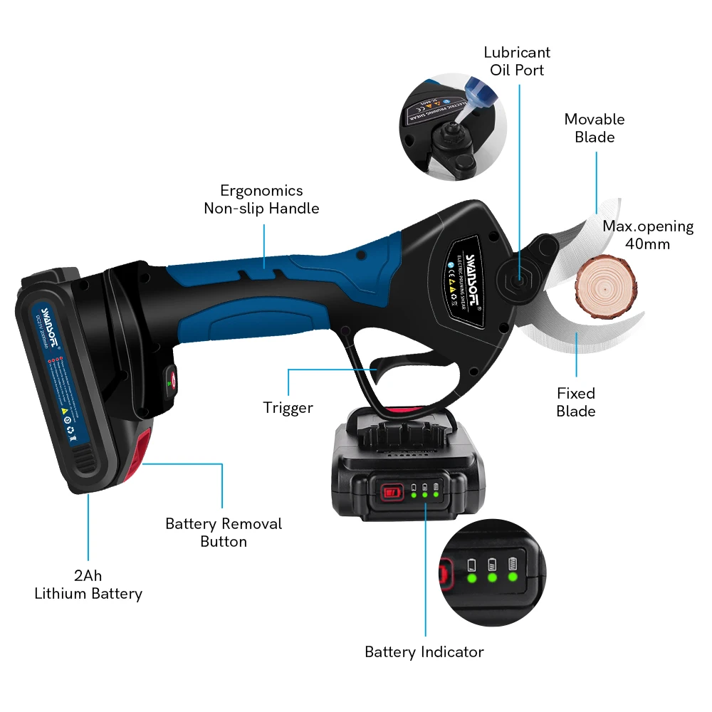 Electric Pruning Shears 40MM Stainless Steel Blade Vineyard Vines Cordless Power Tools 21V Lithium Battery Scissors