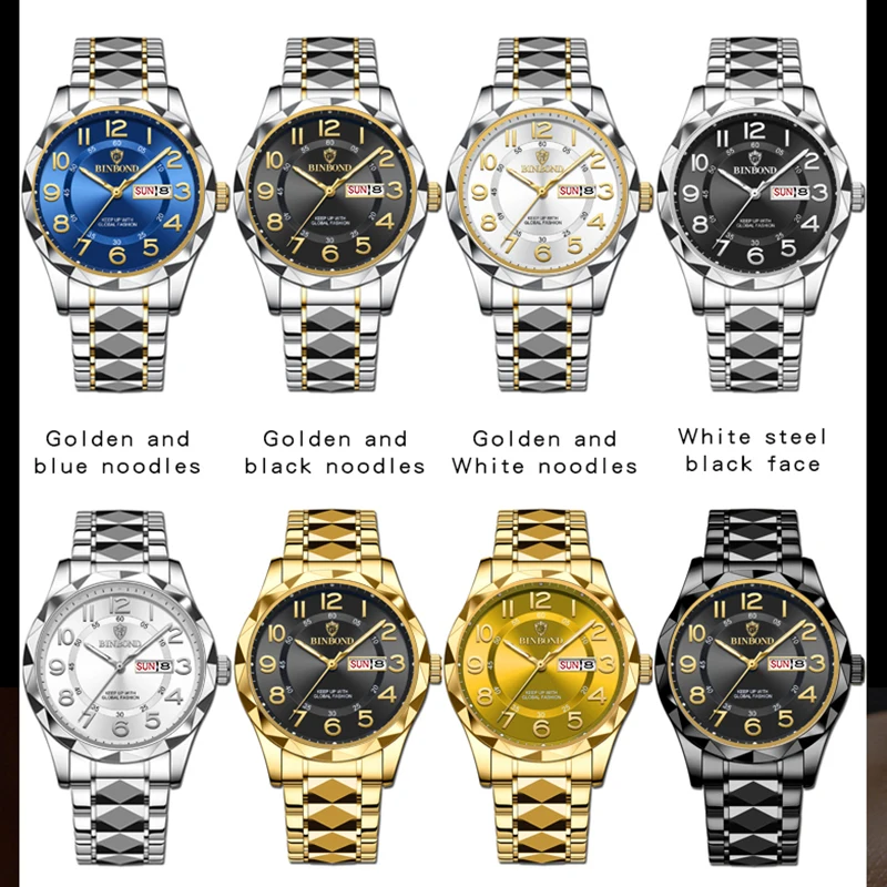 BINBOND Luxury Business Men's Quartz Watches Dual Calendar Waterproof Fashion Leisure Luminous Watch Stainless Steel Men Watches