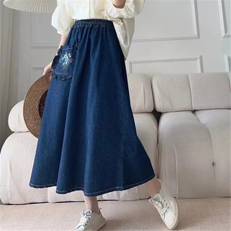 Vintage Embroidery Denim Long Skirts Women Summer High Waist Pocket A-Line Jeans Skirts Korean Fashion Casual Female Faldas Jupe