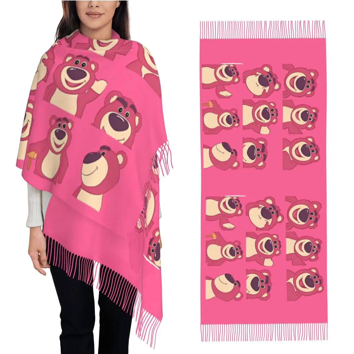 Toy Story Lotso Huggin Bear Scarf Women Headwear Scarves with Long Tassel Winter y2k Cool Shawls and Wrap Warm Soft Foulard