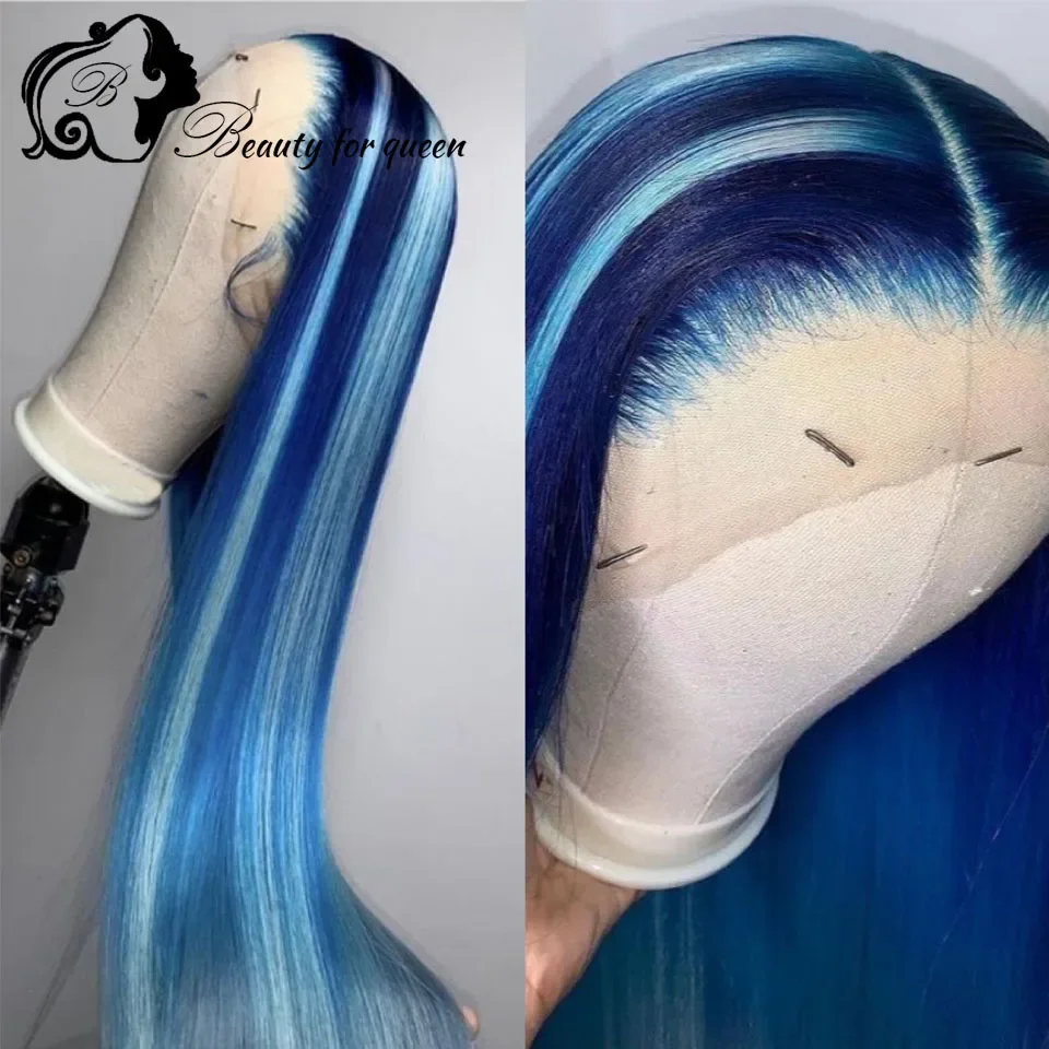 Wig Rambut Asli Biru Model Lace Front Untuk Wanita, Wig Lurus Densitas 180%, Wig Rambut Asli 100%, Sangat Nyaman Dipakai Saat Belanja
