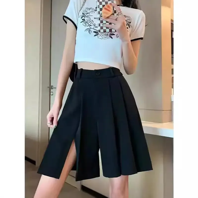 Women's High-Waisted Slimming Blackshorts Loose-Fit Trendy Summer A-Line Five-Minute Pants Niche Design Sensibility