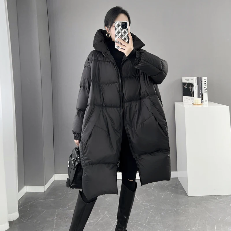 Preto feminino pão para baixo jaqueta 2024 inverno nova moda com capuz engrossar pato branco para baixo casaco solto casual feminino parkas casaco