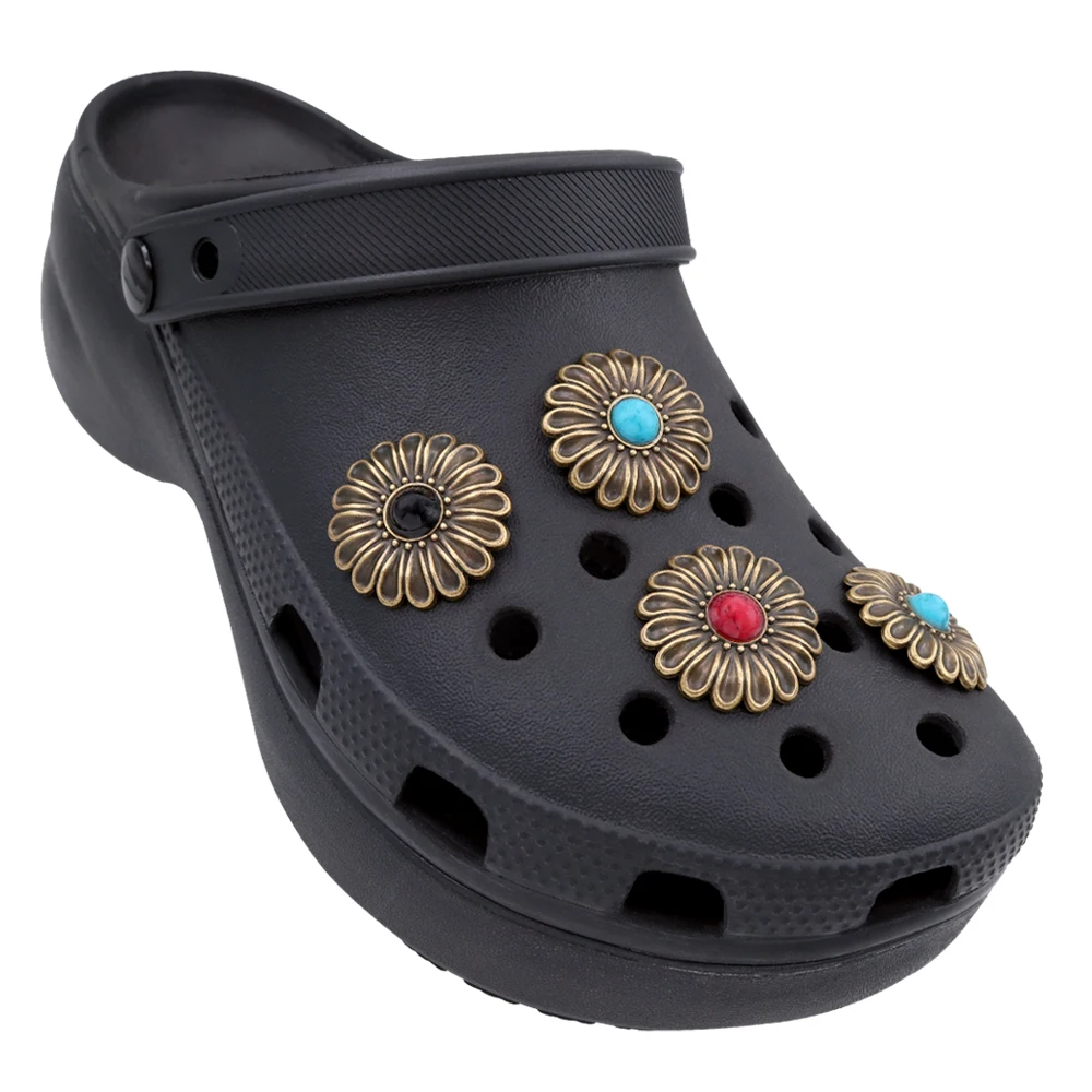 1 Pcs Shoe Decorations Sandalias De Metal Copper Color Flower Shoe Charms Pins Accesorios Pines Para Simulated Turquoise W-38