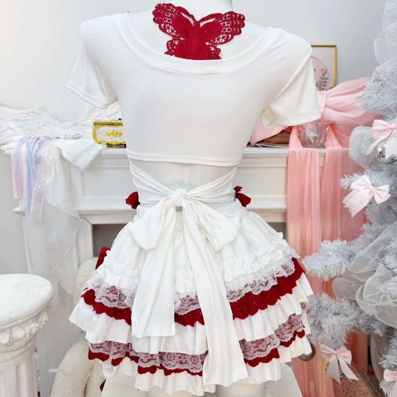 New Coquette Sweet Lolita Short Sleeve Dress Women Lace Trim Heart Strawberry Bow Ruched Waist Slim Fit Mini Dress Elegant Party view 2