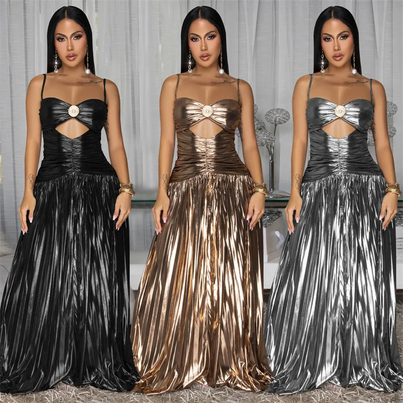 Doyerl glanzende metallic verjaardagsjurk voor dames, clubfeest, spaghettibandjes, strapless, uitgehold, gerimpeld, A-lijn, geplooide maxi-jurk
