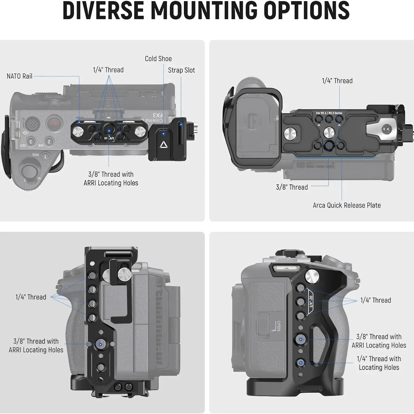 NEEWER FX3/FX30 カメラケージ ケーブルクランプ付き NATO レール 3/8 ARRI 位置決め穴 Sony FX3 FX30 オリジナル XLR ハンドル用