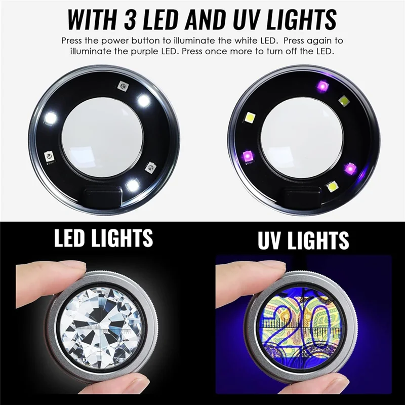 AT21-لأداة تحديد العرف على الأحجار الكريمة والعملات المعدنية والألماس - عدسة مجوهرات LED 10X قابلة لإعادة الشحن، عدسة مكبرة بمقياس 30 مم مع ضوء للأشعة فوق البنفسجية