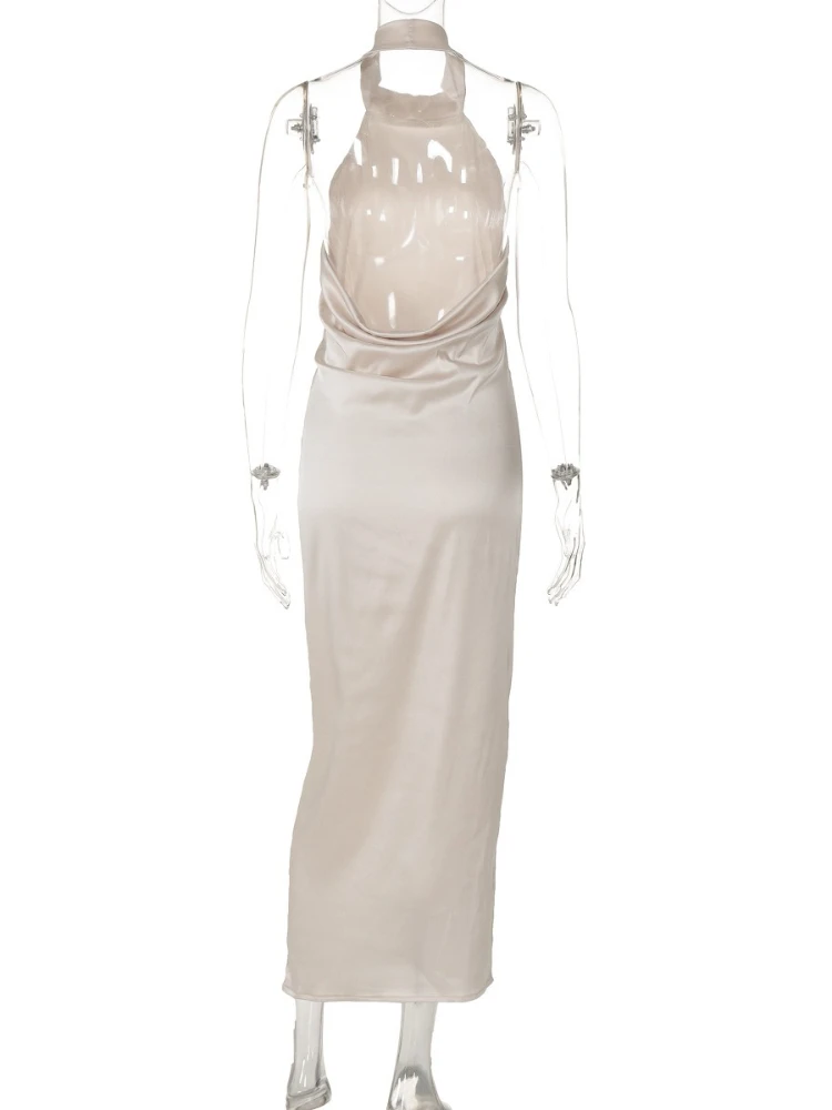 2025 ฤดูร้อนHalterคอBacklessซาตินชุดยาวผู้หญิงเซ็กซี่ปิดไหล่Backless Solid Partyชุดราตรี