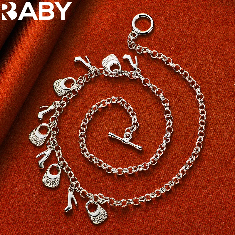 URBABY 925 Sterling Silver tacchi alti borse ciondolo catena braccialetto collana per le donne gioielli moda Set Charms accessori