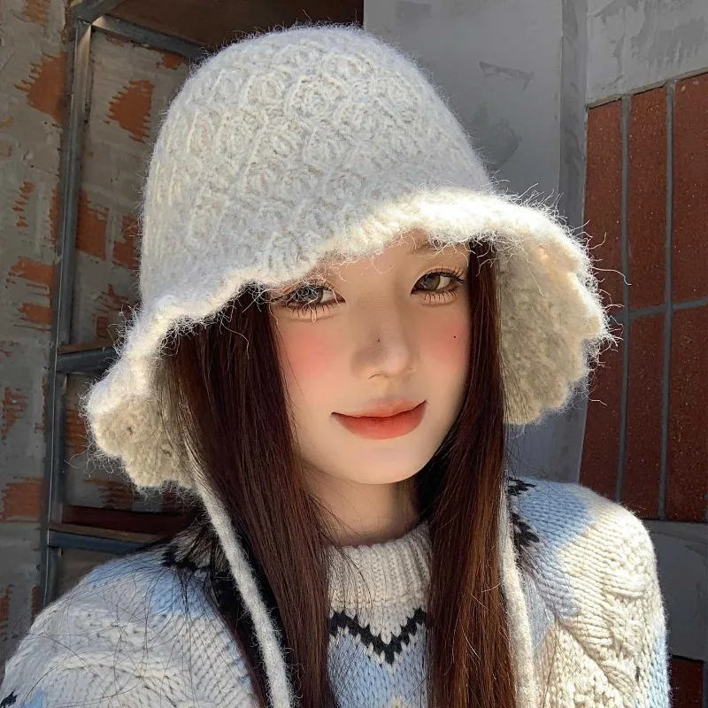 Korean Simple Solid Color Strap Knitted Bucket Hats Women's Autumn and Winter Big Head Split Fork Wavy Edge Versatile Loli Cap