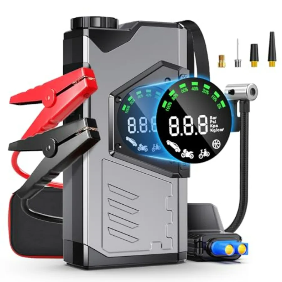 

3000A Jump Starter with Air Compressor 150PSI Portable Tire Inflator for Car Emergency 21800mAh 12V Battery Booster Pack 10.0L