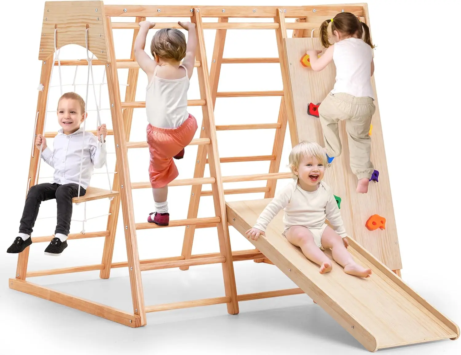 Gym, 7 Functions Toddler Montessori Climbing Toys Playset, Baby Multifunction Indoor Playground with Swing, Slide, Monkey Bar an