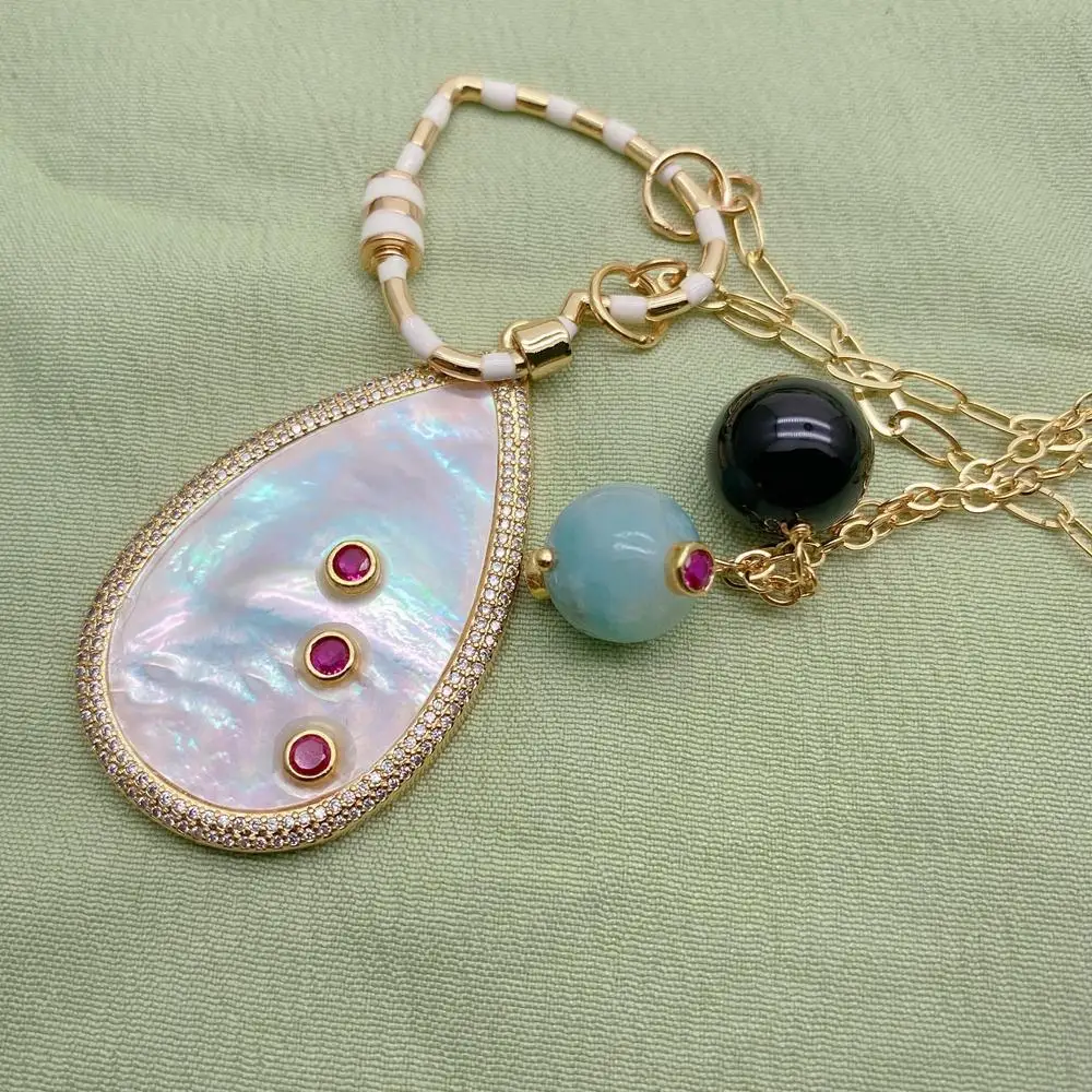 Y·YING 3 Strands Blue Turquoise Chain Necklace Big White Sea Shell Teardrop Pendant