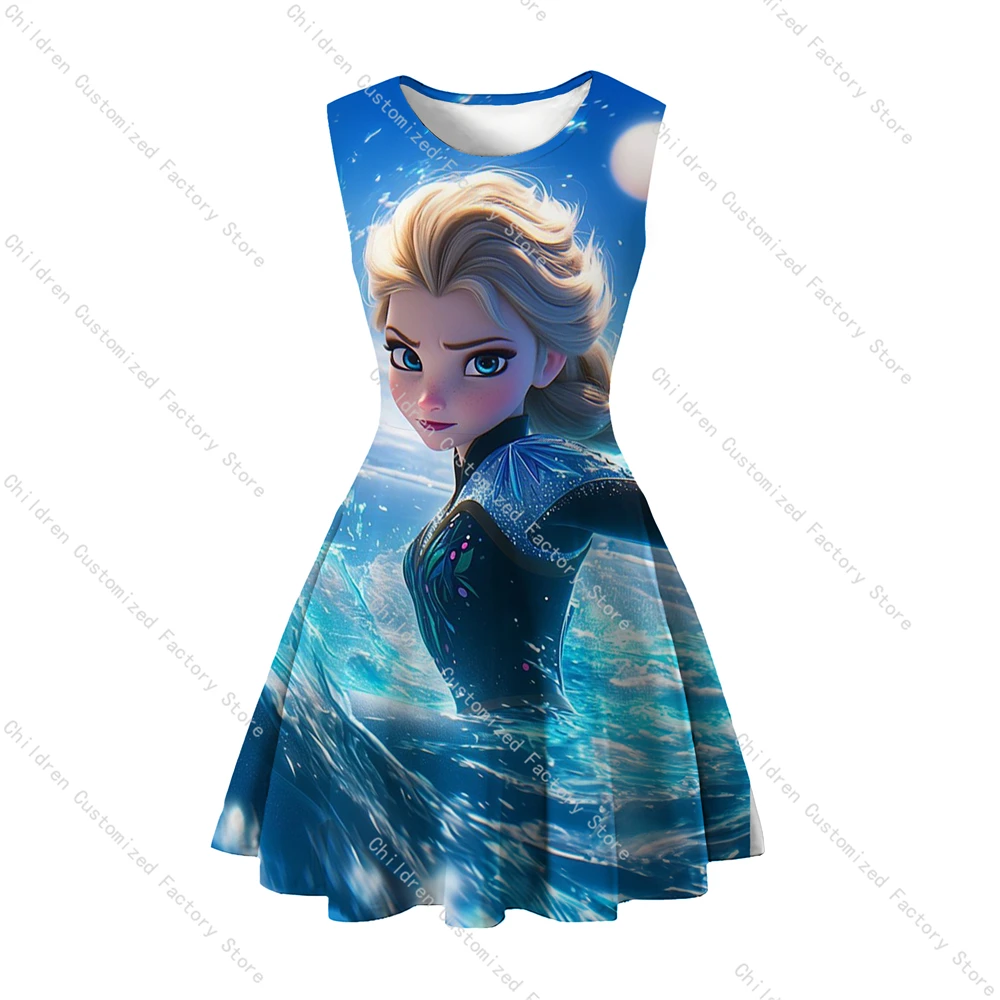 Disney Queen Elsa Sleeveless Dresses 2 to 8 Years Kids Girls Clothes Adults Summer Birthday Party Dress O Neck Fashion Clothing