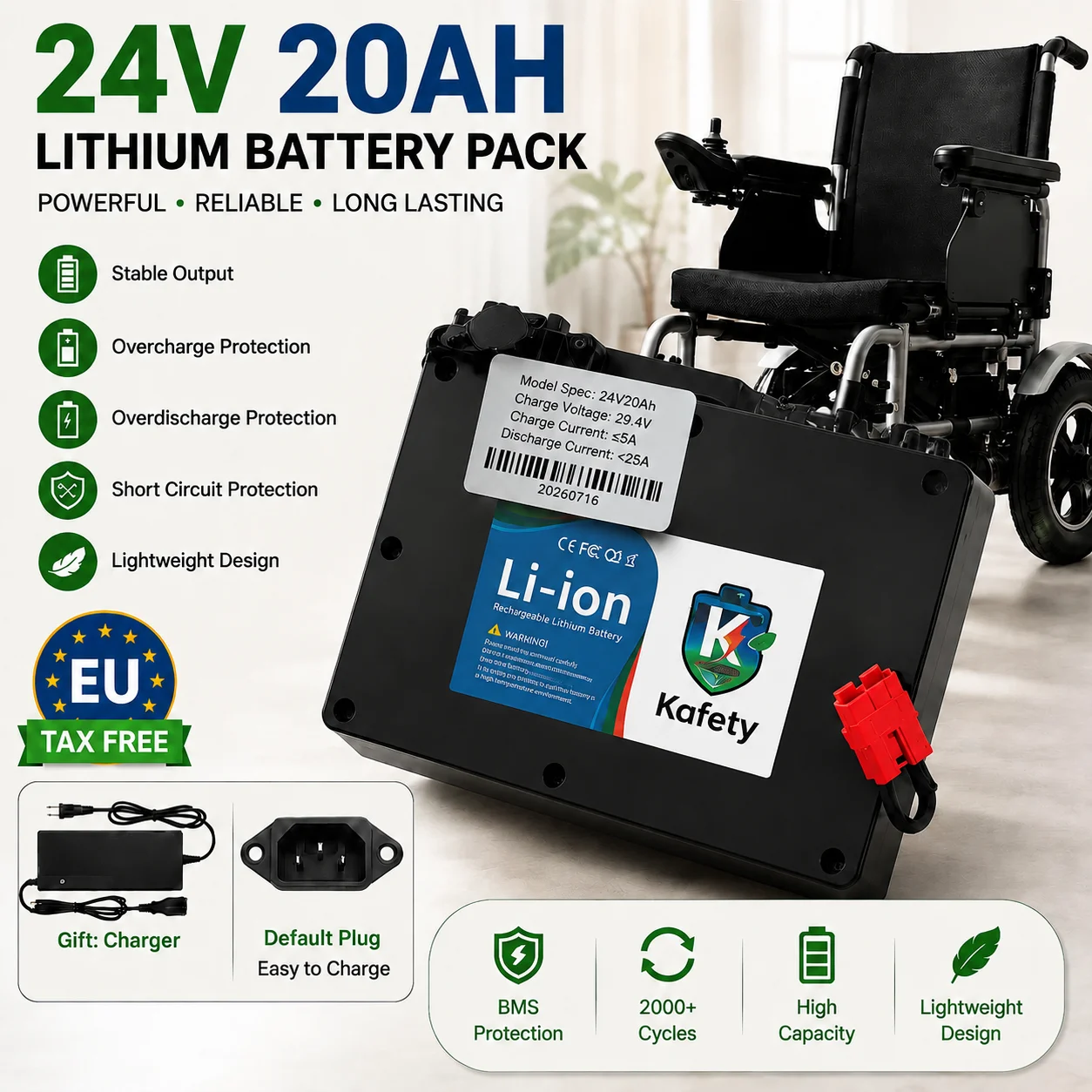 Image of 24V 20000mAh Wiederaufladbarer 18650 Batteriepack Lithium-Ionen-Ersatzakku Speziell für Elektrorollstühle mit 29,4V 3A Ladegerät