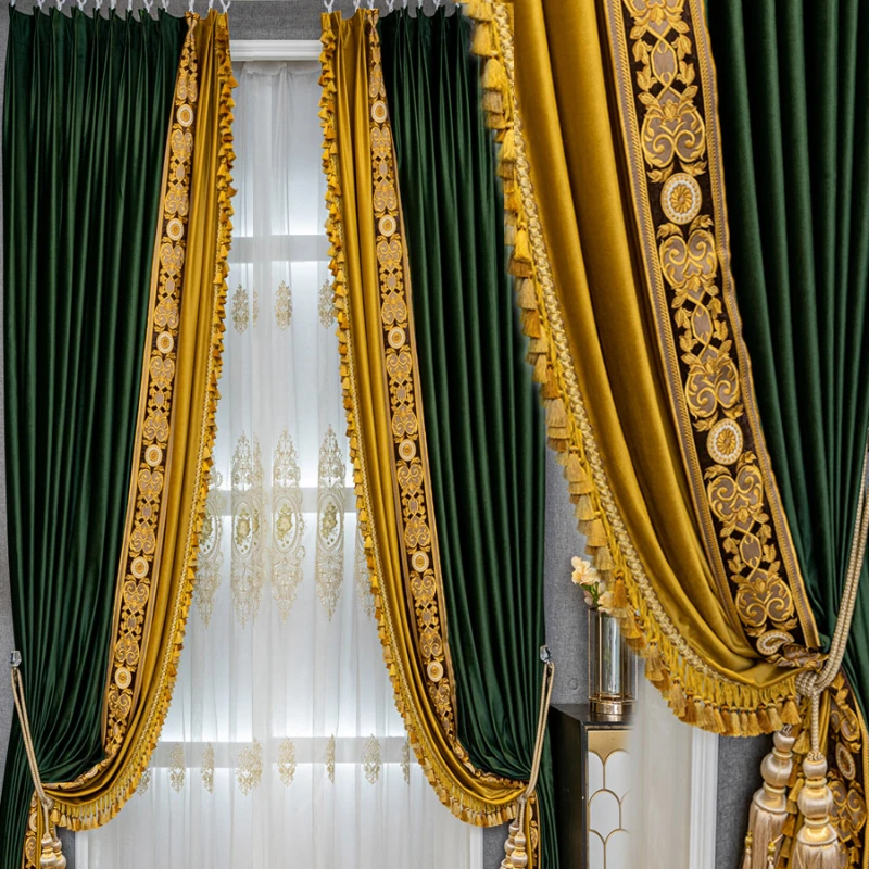 Europäische High-End-Spitze dunkelgrüner Samt Verdunkelungsvorhänge verdickte europäische Stickerei für Wohnzimmer Esszimmer Schlafzimmer – Detail 13