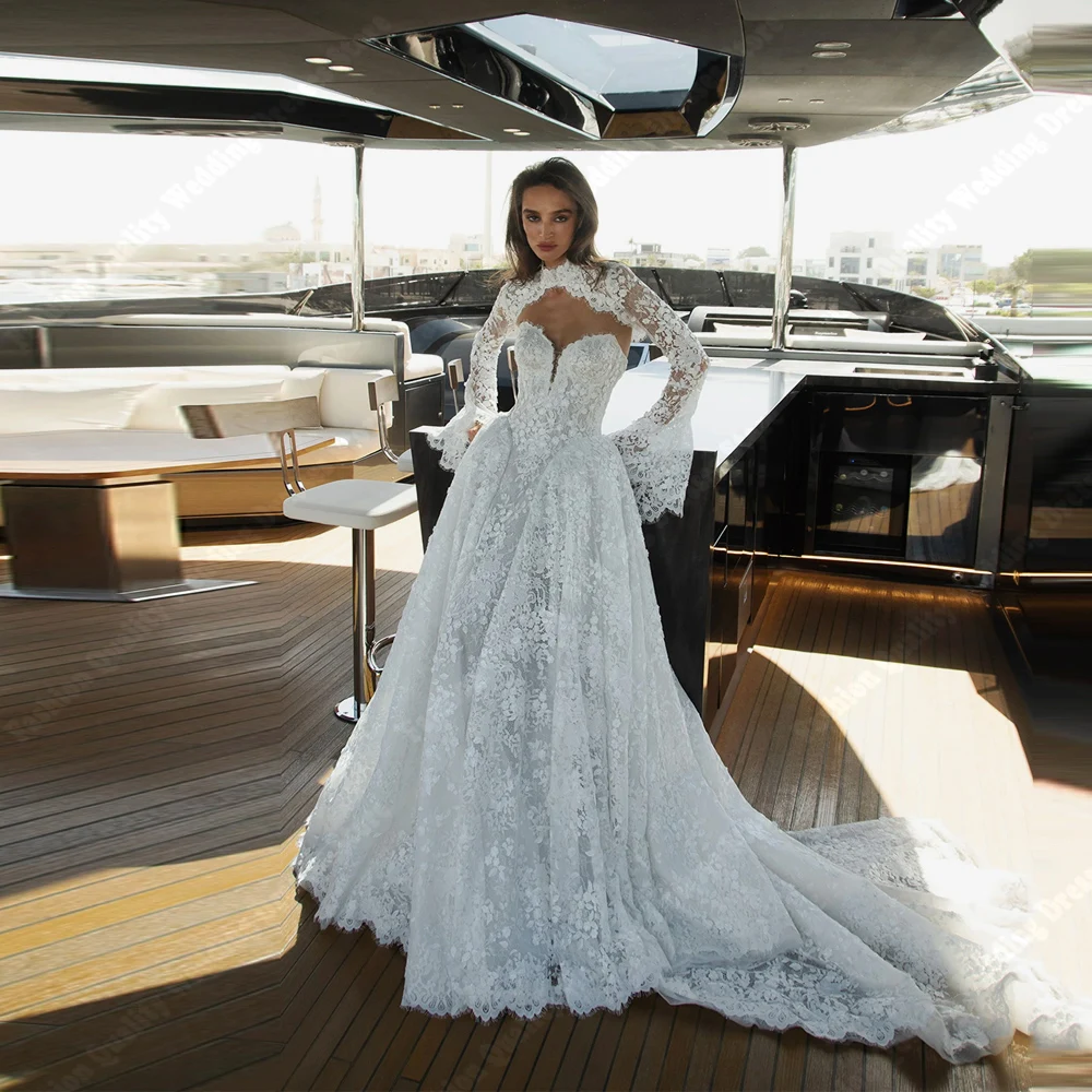 

2026 Exquisite A-Line Wedding Dresses Full Sleeve Sweep Train Lace Floral Appliques High Quality Bride Gown Plus Size Customized