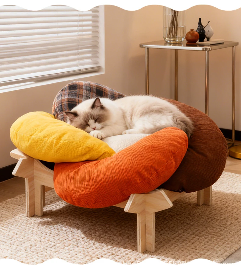 Summer Solid Wood Cat Bed: Raised Off the Ground to Prevent Moisture, Two-Tone Plush, Scratch-Resistant Pet Product