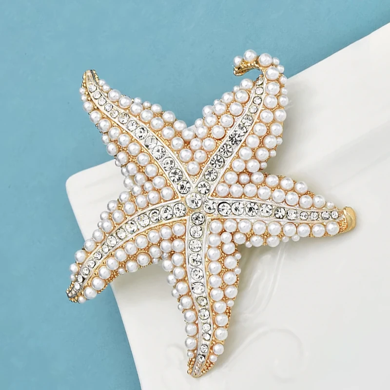 Wuli&baby Pearl Starfish Women Brooch Pin Sparkling Sea Star Jewelry Gift