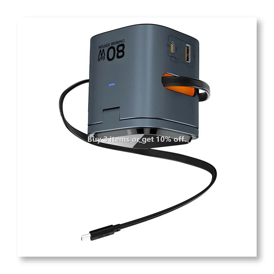 ◉80W 6-In-1 GaN Charging Station Wireless Adapter with Type C PD 60W Retractable Charging Cable Fast Charger US PLUG