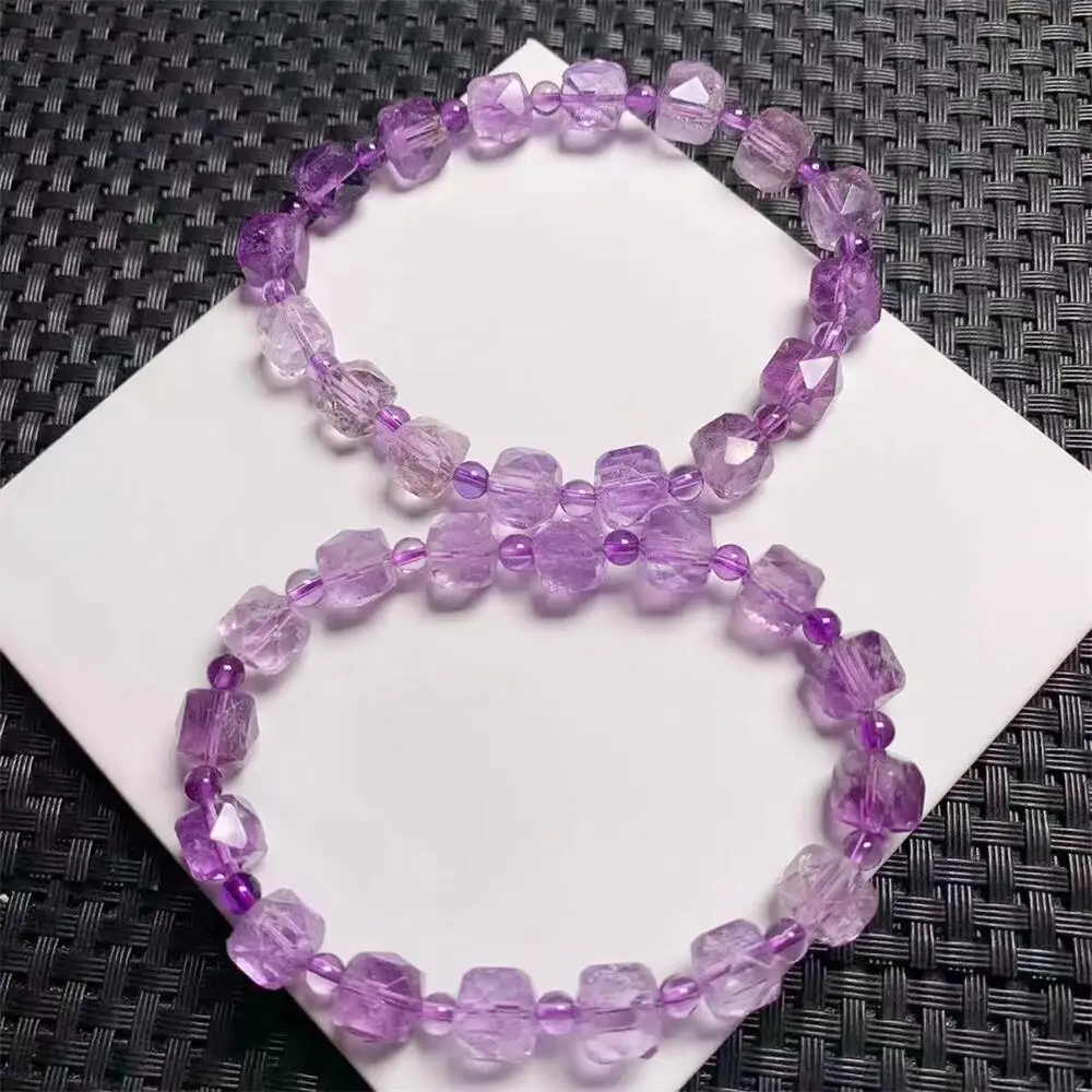 8MM Natural Faceted Amethyst Cube Bracelet Women Reiki Healing Energy Stone Stretch Hand Bangles Jewelry 1PCS