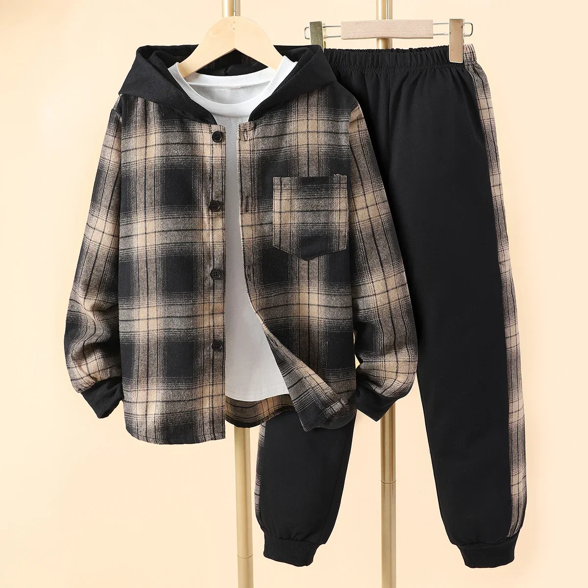 Kids Boys\' Autumn Casual Checker Hoodie Set Shirt Suit Soft Ventilate Fashion Boys Suit Plaid Children\'s Clothing Set