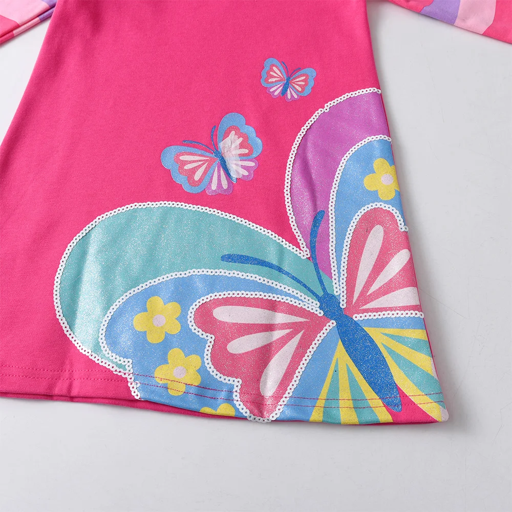 فستان VIKITA للفتيات باللون الوردي بغطاء للرأس للأطفال مخطط من القطن المستقيم فساتين يومية غير رسمية للأطفال فستان رياضي مطبوع عليه فراشات لامعة