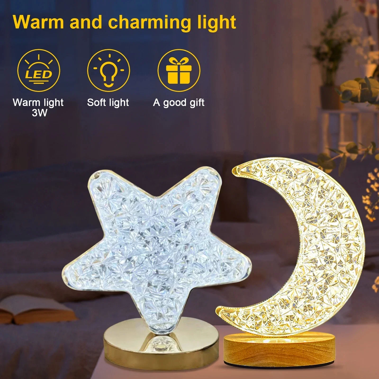 Bedroom Crystal Touch Dimming Night Light Girls Room Home Decor Aesthetics USB Charging Bedside LED Ambient Table 3D Moon Lamp