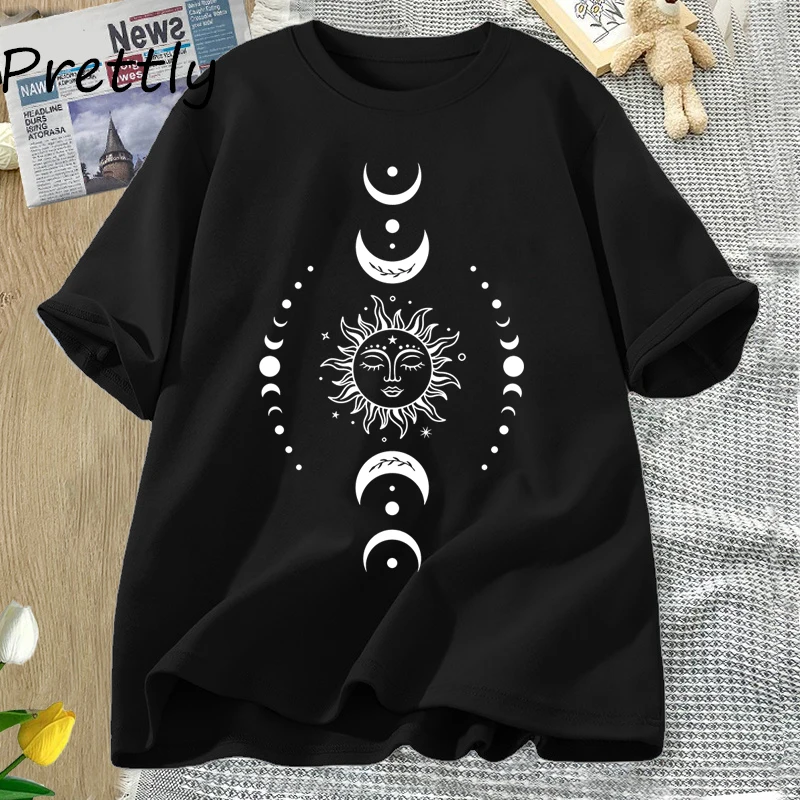 

Sun and Moon Pritned T Shirt Celestial Boho Mystical T-shirt Magic Moon Short Sleeve Tshirt Women Harajuku Cotton Tee Streetwear