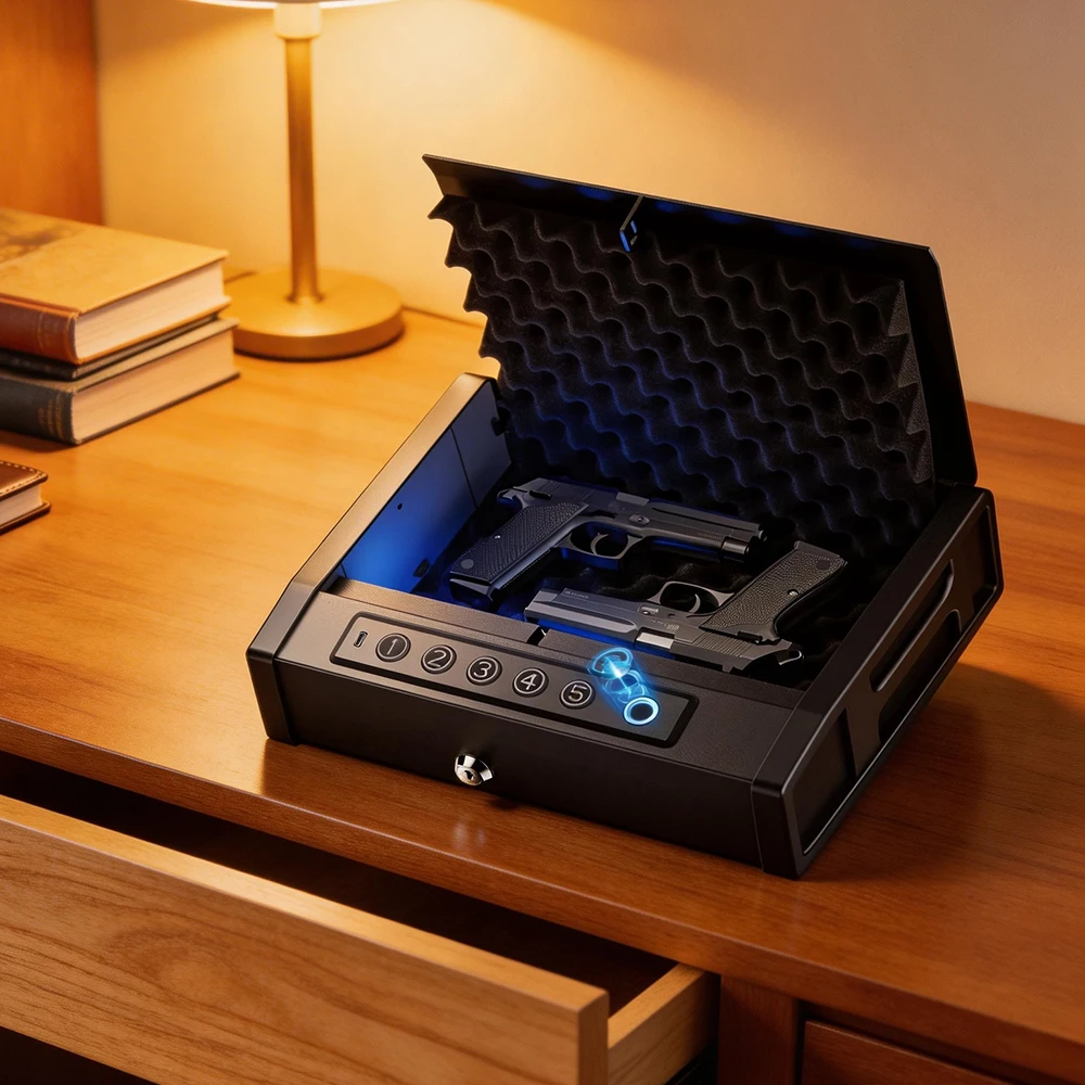 Biometric Hand Gun Safe Box Handgun Fingerprint Digital Keypad Auto-Lid Open Car Safety Lock Box Electronic Jewelry Money XHSQH