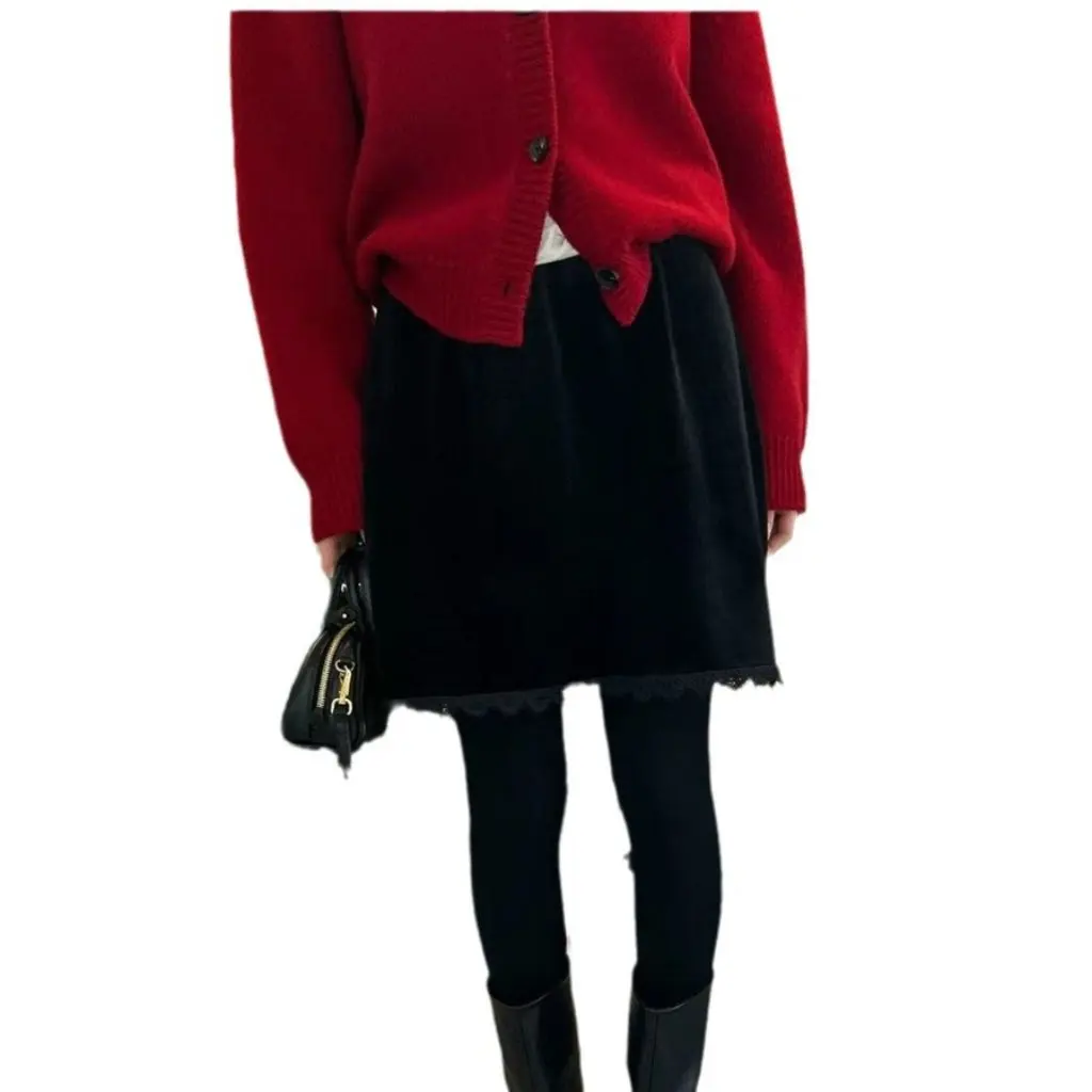 

Korean Style Fleece-Lined Winter Skirt Lace Splicing Velvet A-Line Slimming Look New Annual Meeting Style for Women