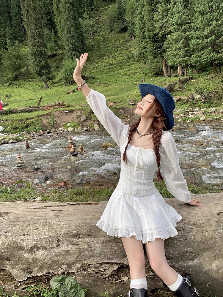 

White Long Sleeve Lace Short A-Line Skirt Dress Women's Inner Wear Slimming Waist Design for Small Figures Autumn Season