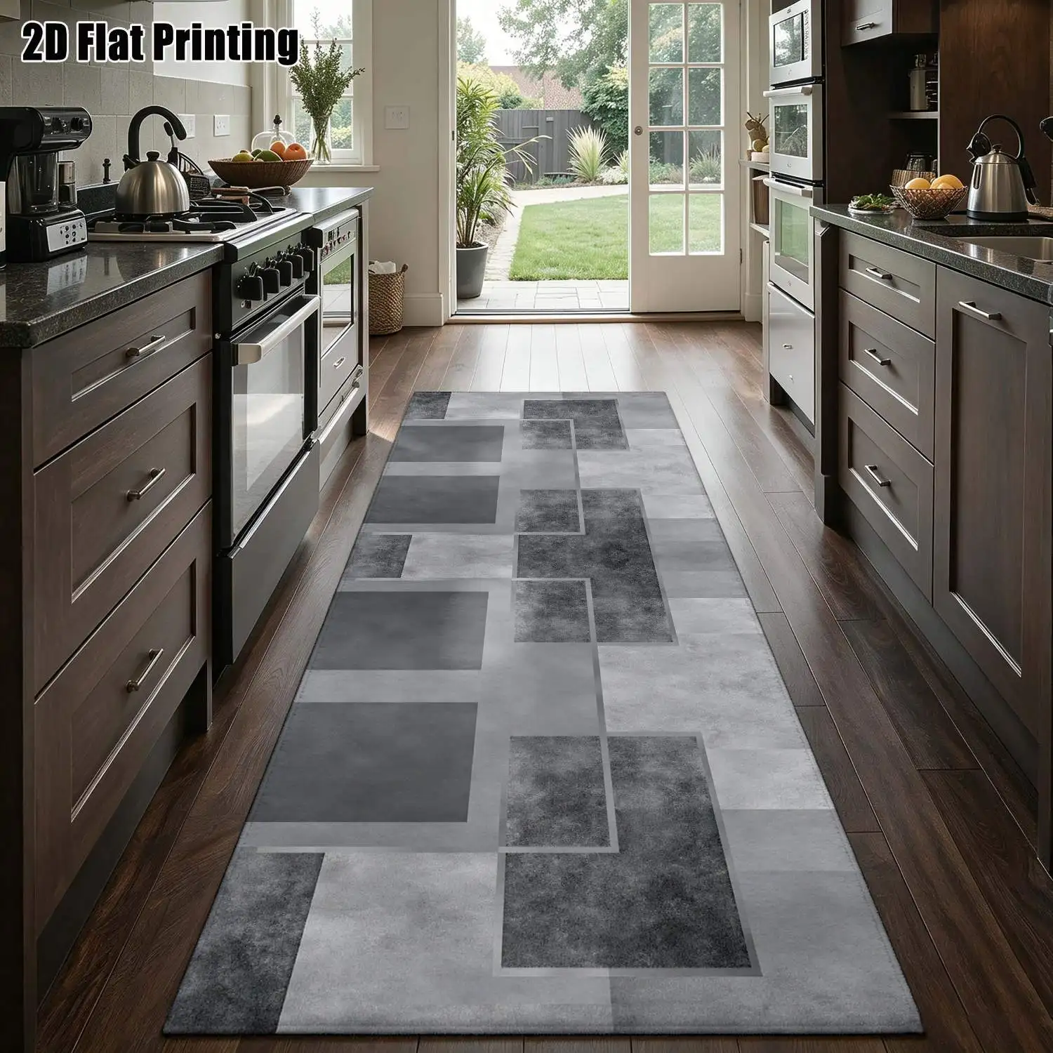 1Pc 2D Printed Strip Track Rug: Blue-Grey Geometric Pattern, Nordic/Instagram/European Style, Machine Washable, Multi Sizes, Ideal for Entrance, Corridor, Living Room, Bedroom Home Decor