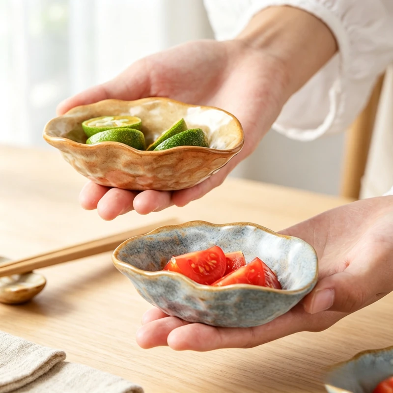 Ceramic Soy Sauce Dish Irregular Rough Pottery Dipping Bowls Vintage Small Appetizer Seasoning Plates for Home Restaurant
