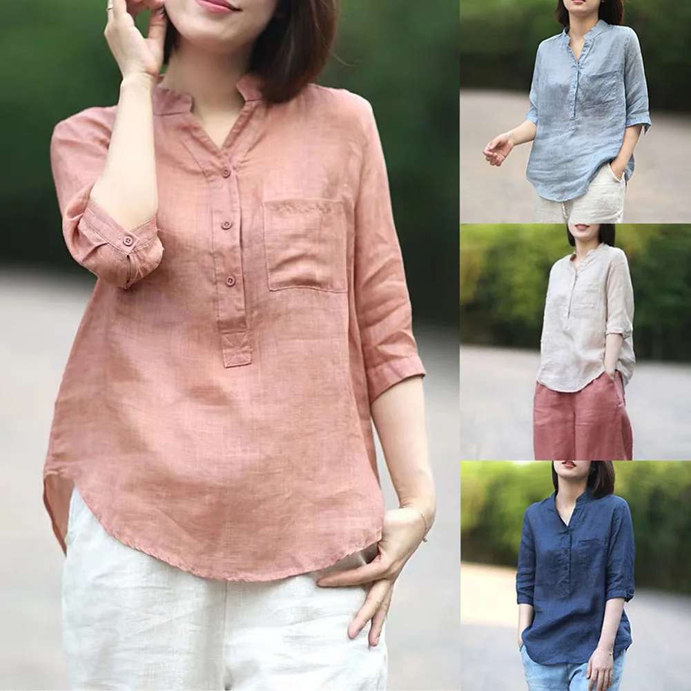 Women Summer Casual Cotton and Linen Stand Collar Shirt  Loose Mid-length Sleeve Shirt