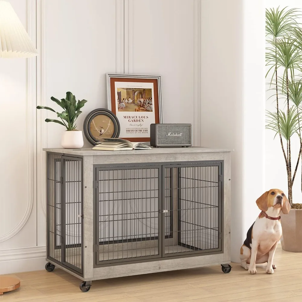

Dream Wooden Dog Crate Furniture, 38.5" Dog Kennel With 3 Doors, Flip-up Top Opening And Wheels, Decorative Pet Crate