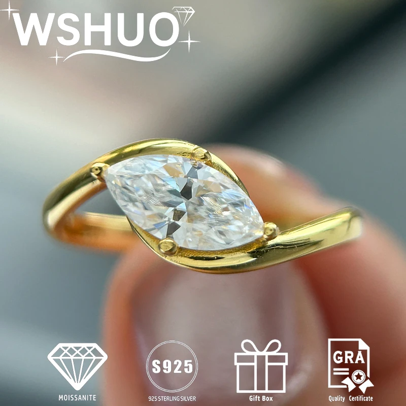 

WSHUO 1/2CT S925 Pure Silver Rings for Women 18K Gold Plated Marquise Cut Lab Grown Moissanite Proposal Ring Fine Jewelry Gift