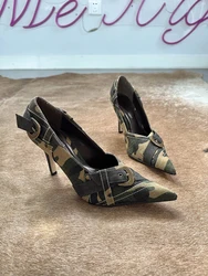 Pointy Toe Camouflage Pumps Belt Buckle Decor Stiletto Heels Sexy Women Slip On Summer Casual Daily Casual Shoes Dress 2024