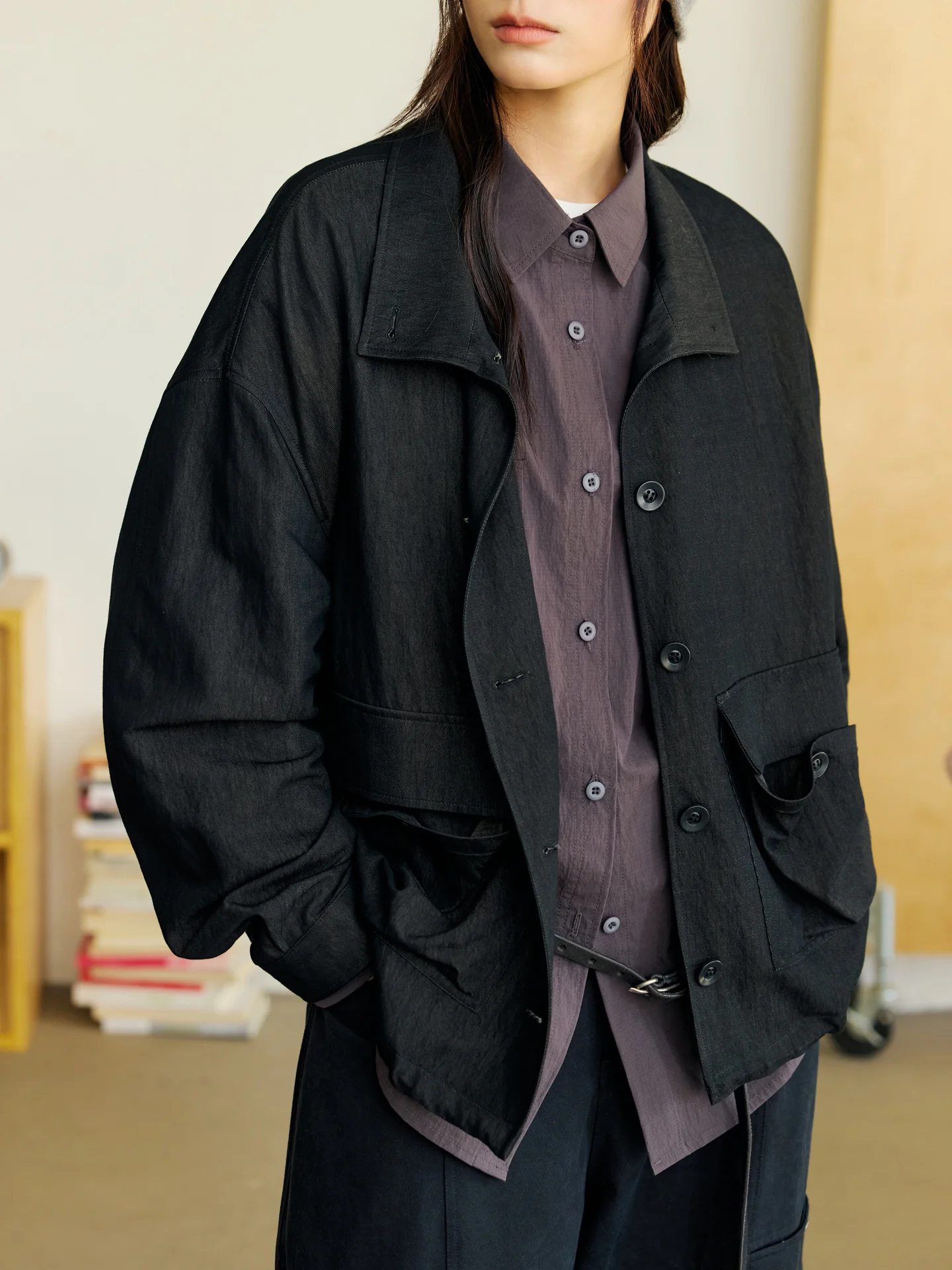 

Octopusme Japanese Sle Workwear Jaet Loose Fit Long Sve Button up Coat with Big kets Stand Collar Vintage Feel