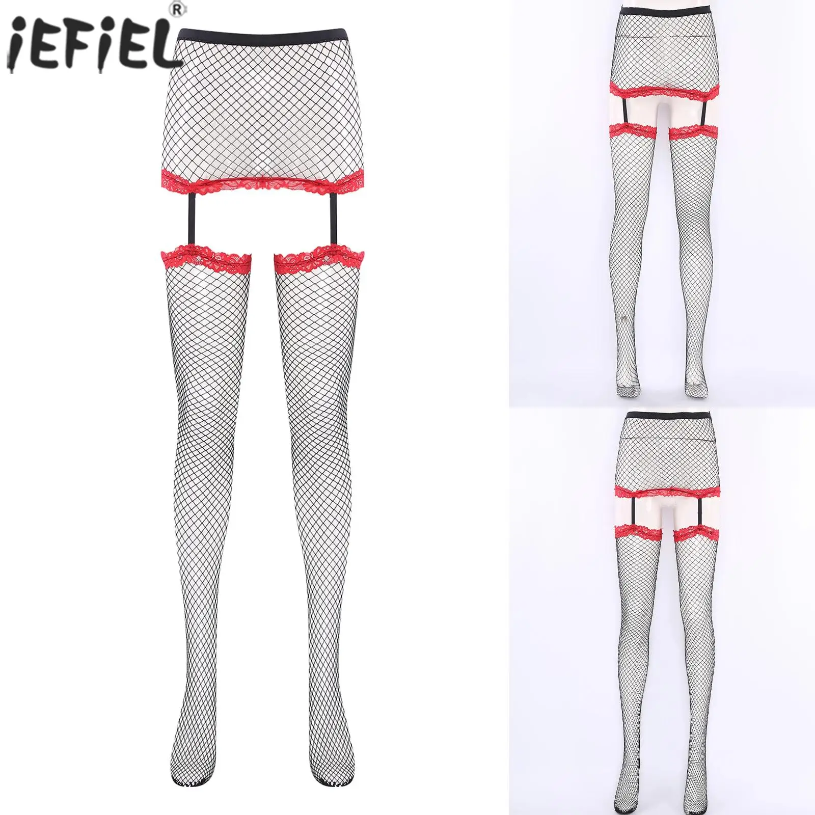 

Women Sissy Lace Ultra Thin Stocking Garter Skirt Fishnet Glossy Stretchy Thigh Open Top Long Tube Knee High Stockings Leggings