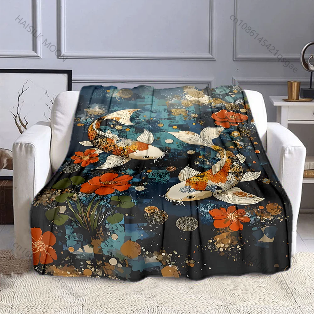 Watercolor Art of Two Carp in a Fishpond Print Blanket Flannel Material Soft Warm for All Seasons Home Outdoor Camping Picnics