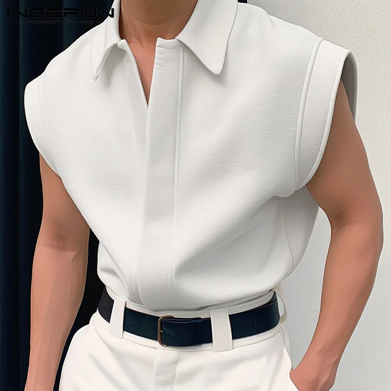 INCERUN Tops 2024 Korean Style Handsome Men's Simple Shirts Stylish Streetwear Solid Well Fitting Lapel Sleeveless Blouse S-5XL